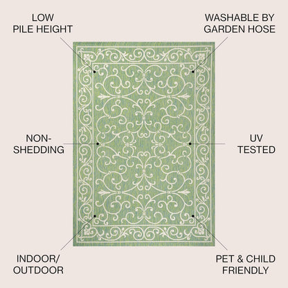 JONATHAN Y Vintage Filigree Indoor Outdoor Area Rug 9X12 Green/Ivory, Charleston Textured Weave for Backyard, Patio, Porch, Easy-Cleaning, High Traffic, Pet-Friendly, Non-Shedding (SMB106K-9)