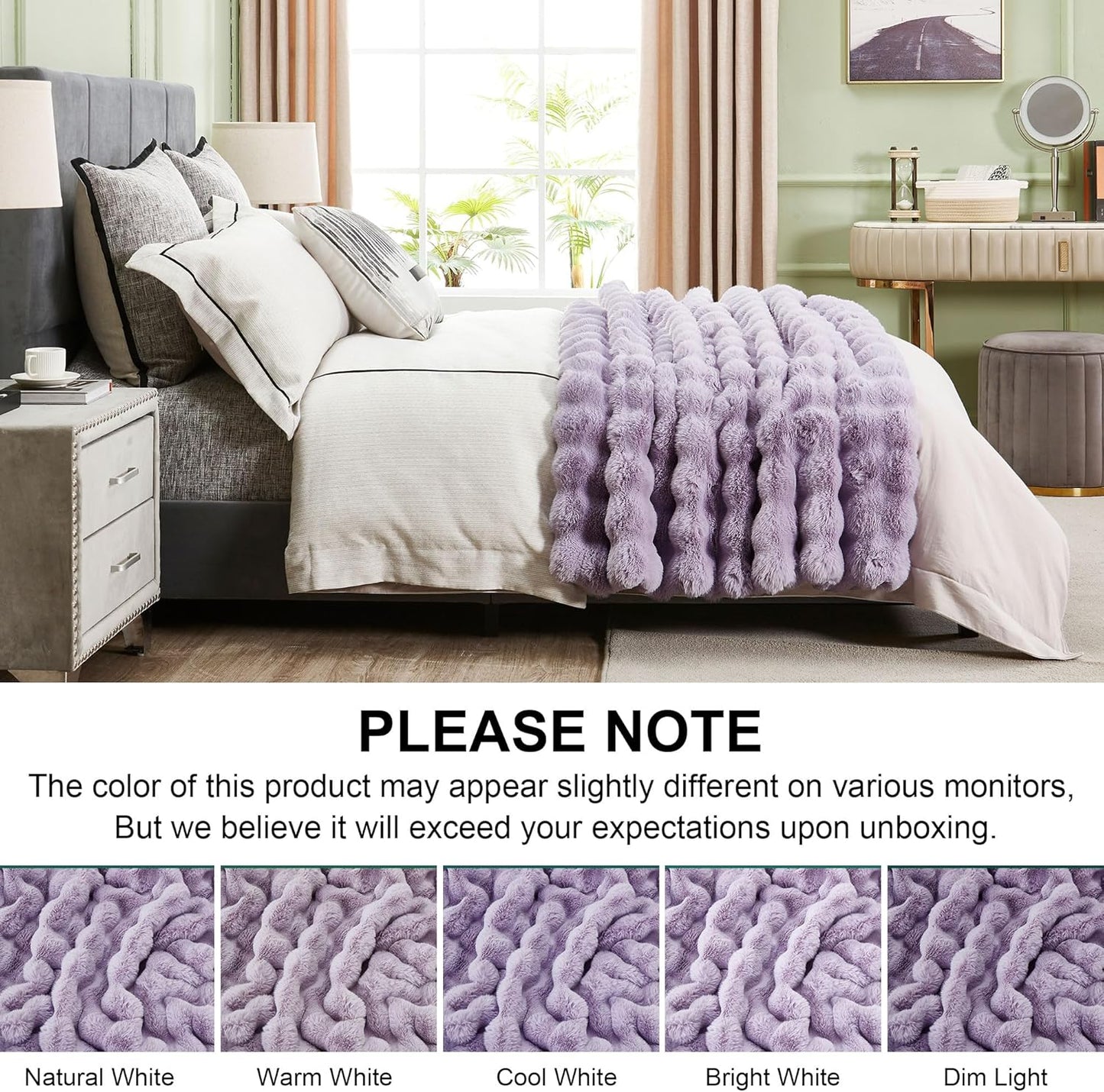 DREAMNINE Large Soft Thick Fuzzy Bubble Faux Rabbit Fur Blanket Queen Size 80" x 90", Double Side Comfy Plush Warm Shaggy Fluffy Blankets, Luxury Big Cozy Textured Furry Blanket for Bed, Lilac Purple