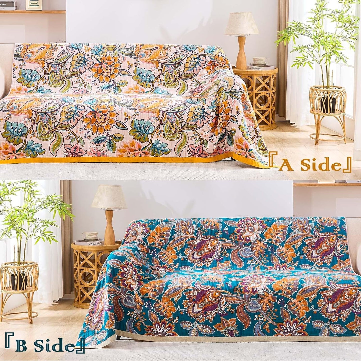 Boho Throw Blanket for Bed, 100% Cotton Soft Rustic Quilt Fall Blanket, 50"x60" Floral Printed Farmhouse Decor Bed Blankets, All Season Rustic Reversible Bohemian Throw Quilt