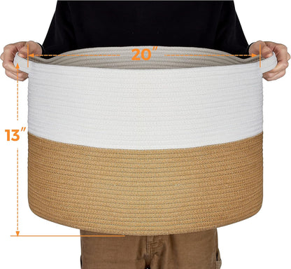 Ravinte Blanket Basket - 20"x 20"x 13" Cotton Rope Basket for Living Room, Baby Toy Storage Basket, Large Woven Laundry Basket (White -Brown)