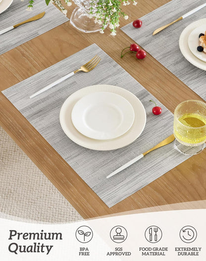 Leetaltree Lightsteel Black Placemats Set of 6 - Heat Resistant Non-Slip Place mats for Dining Table, Washable Durable PVC Vinyl Woven Table Mats (Lightsteel Black, 6)