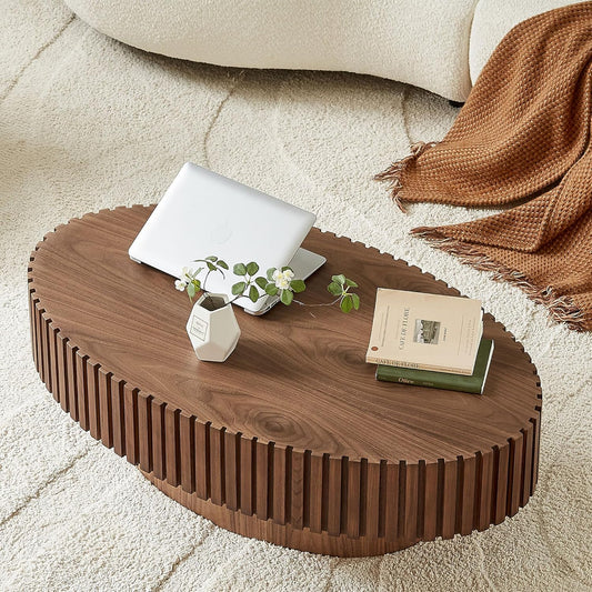 Oval Coffee Table for Living Room, Modern Fluted Coffee Tables with Pedestal Base, Handcrafted