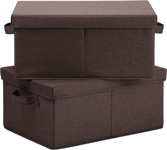 HOONEX Linen Foldable Storage Bins with Lids, 2 Pack, Storage Boxes with Carrying Handles and Sturdy Heavy Cardboard, 16.5" L x 11.8" W x 7.5" H for Shoes, Clothes, Brown