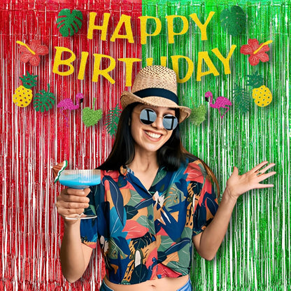 BRAVESHINE Tinsel Foil Fringe Curtains - 2 Pack 3.2 x 8.2 ft Metallic Photo Booth Streamer Backdrops for Birthdays Fiestas Melons Hawaiian Luau Tropical-Theme Christmas Party Decorations - Red Green