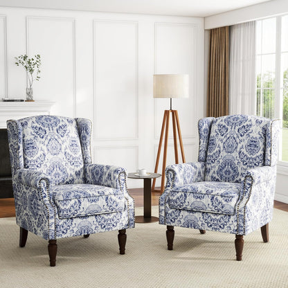 UIXE High Back Floral Accent Chairs Set of 2, Upholstered Armchair in Fabric, Retro Printed Wingback Arm Chair for Living Room, Nailhead Trim Single Sofa Bedroom Reading Seat - Navy Blue