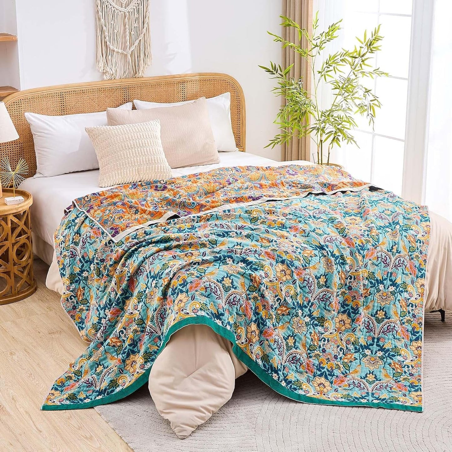 Boho Blanket Throw Quilt, 100% Cotton Soft Light Weight Throw Blankets for Summer, 50"x60" Farmhouse Flower Decorative Blankets, All Season Rustic Reversible Bohemian Throw Quilt