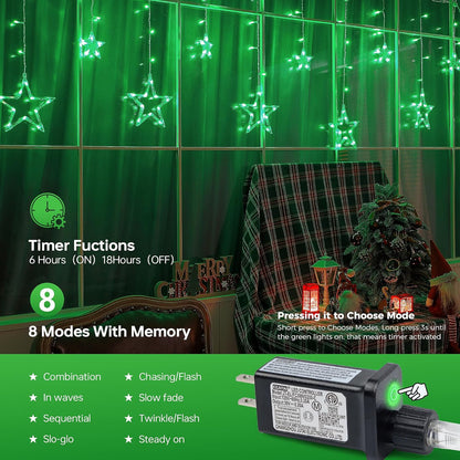 Green Star Icicle Lights,126LED 8.2FT Christmas String Lights with 8 Modes Waterproof,Clear Wire Plug Memory Timer Curtain Lights for St Patrick’s Day Holiday Yard Garden Decorations(Green)