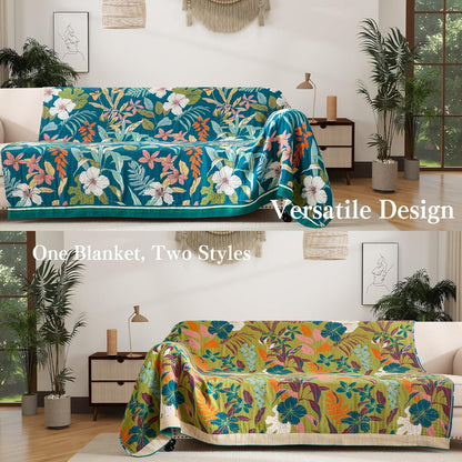 Boho Throw Blanket Full Size, Extra Large Soft Cozy Cotton Muslin Quilt Blanket for Bed Decor, Floral Patterned Couch Sofa Chair Cover, Vintage Farmhouse Cottage Woven Blanket, Teal&Green