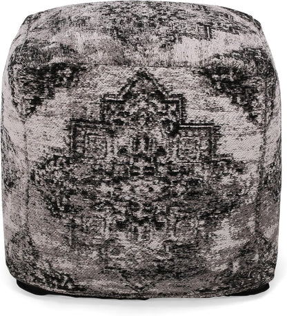 GDFStudio Boho Handmade Fabric Cube Pouf Ottoman Foot Stool - Bean Bag Floor Chair - Foot Rest Couch for Living Room Bedroom,Black and Beige,16"" x 16"" x 16"", 312604N