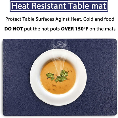 Faux Leather Placemats, PU Table Mats, Set of 4, Waterproof, Stain Resistant, Heat Resistant, Non-Slip Easy to Clean for Kitchen Dining Table,Conference Table C Blue Rectangle