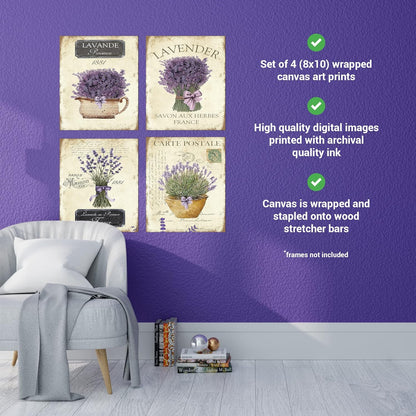 Twisted R Design Wall Art Canvas Prints - 4 Vintage Farmhouse Decor Prints - 8x10 Wrapped Canvas Floral-Themed Pictures - Made in USA Wall Art for Living Room, Bedroom, Office, More - French Lavender