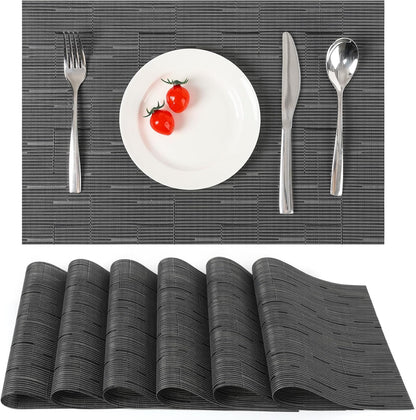 Myir JUN Placemats Set of 6, Vinyl Woven Placemats Place Mats Indoor Washable Table Mats Non-Slip Place mats for Dining Table (Black-Gray, Set of 6)