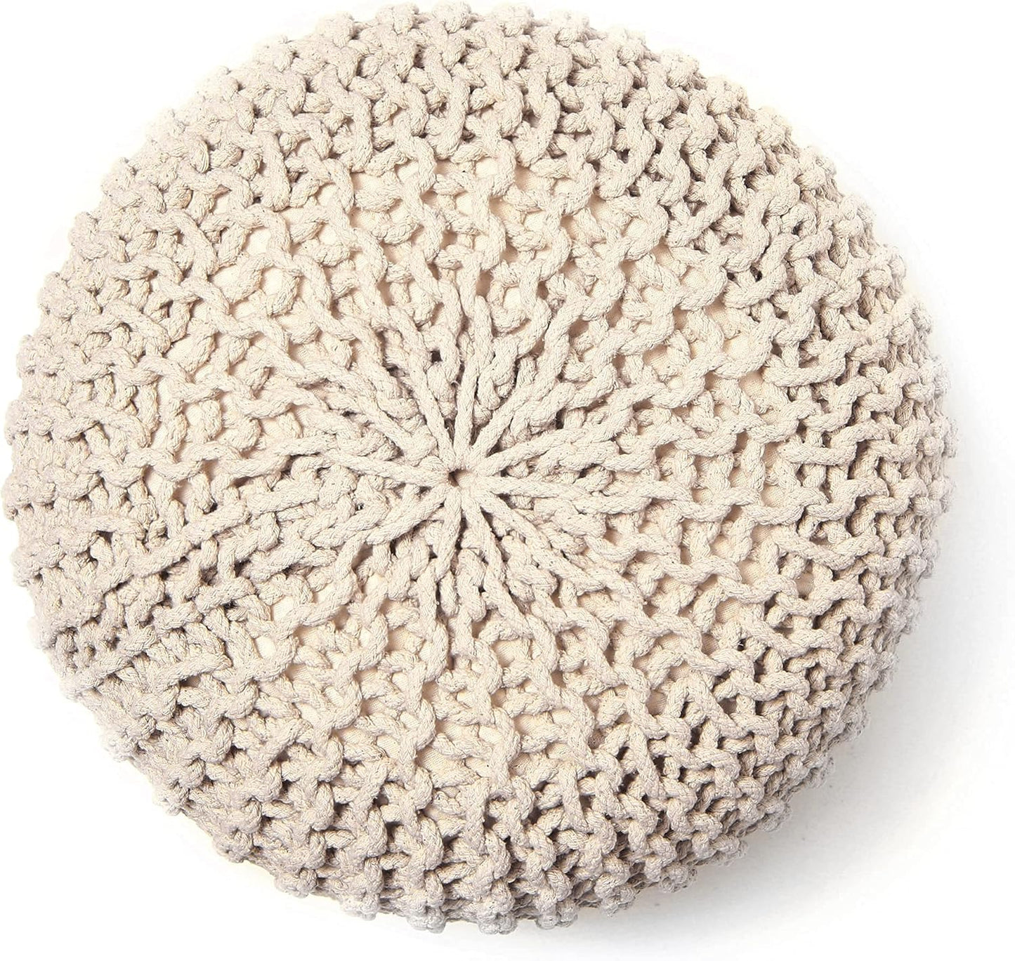 REDEARTH Round Pouf Ottoman - Cable Knitted Boho Poof - Home Décor Cord Pouffe Handmade Circular Footrest for Living Room - Bedroom - Kids Bedroom - 100% Cotton Pouf (18" x 18" x 14") - Ivory