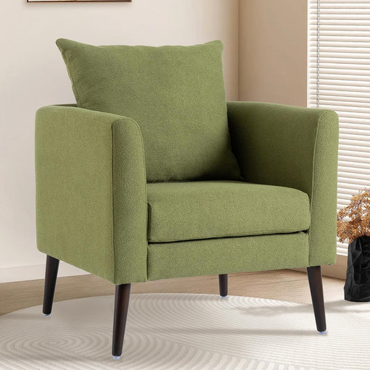 Barrel Accent Chair with Back Pillow, Large Upholstered Armchair with Solid Wood Legs Modern Reading Chairs for Living Room Bedroom