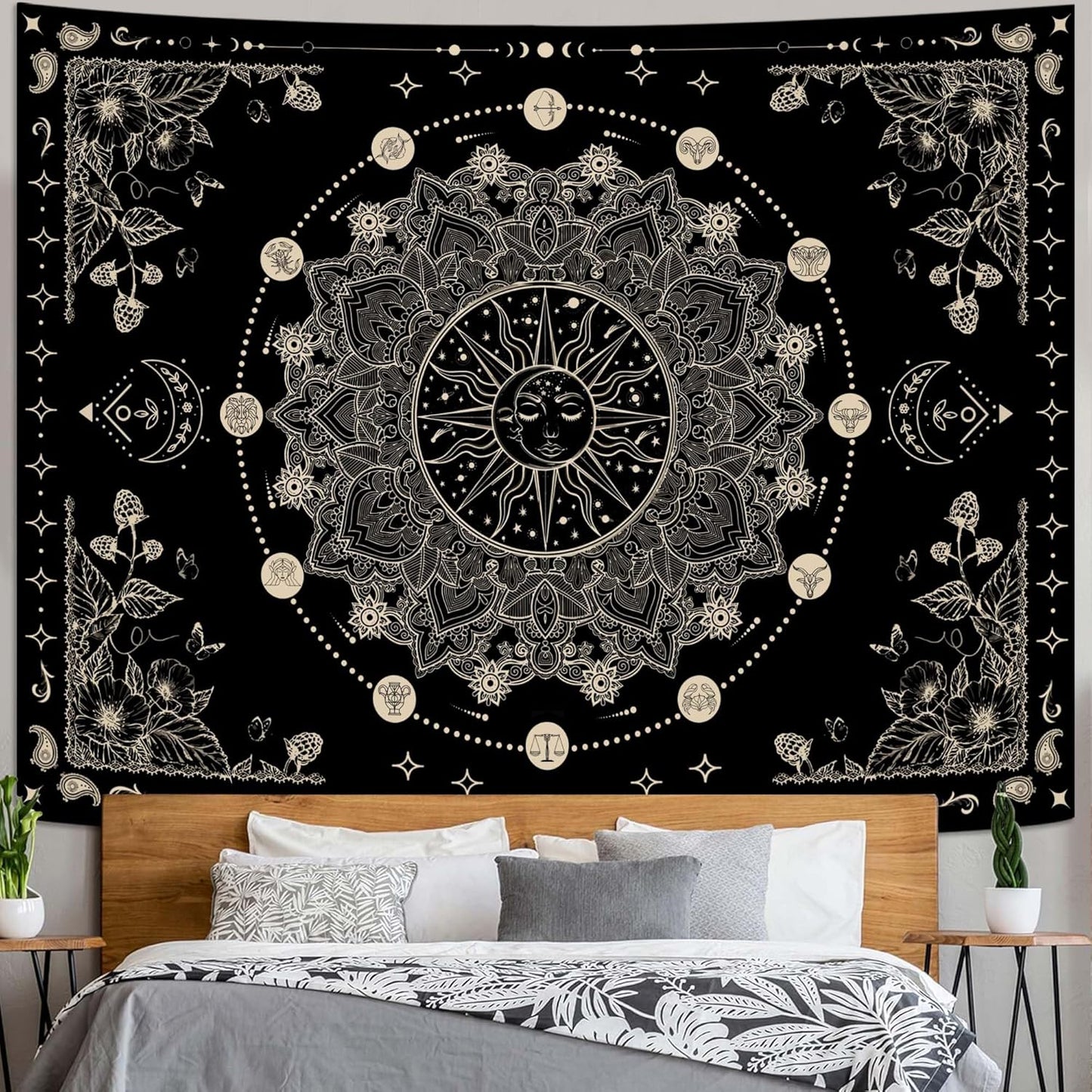 Lunerfex Sun and Moon Mandala Tapestry Boho Tapestry for Bedroom Black and White Tapestries Wall Hanging Living Room Wall Art and Home Decor 44x60