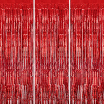 3 Pack Foil Fringe Backdrop - Red Shiny Tinsel Curtains for Party Decoration/Photo Booth Props - 3.3x8.2 FT Metallic Foil Backdrop for Birthday, Wedding, Graduation, Christmas.