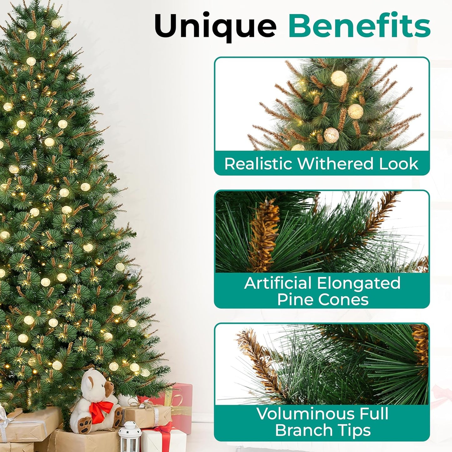 Selena 6.5ft Prelit Artificial Christmas Tree with 857 Branch Tips, 300 Warm Lights and Metal Stand, 43" Wide Realistic Withered Christmas Tree with Lights by Naomi Home