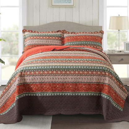 NEWLAKE Cotton Bedspread Quilt Sets - Reversible Patchwork Coverlet Set, Red Striped Jacquard Pattern, Oversized King Size