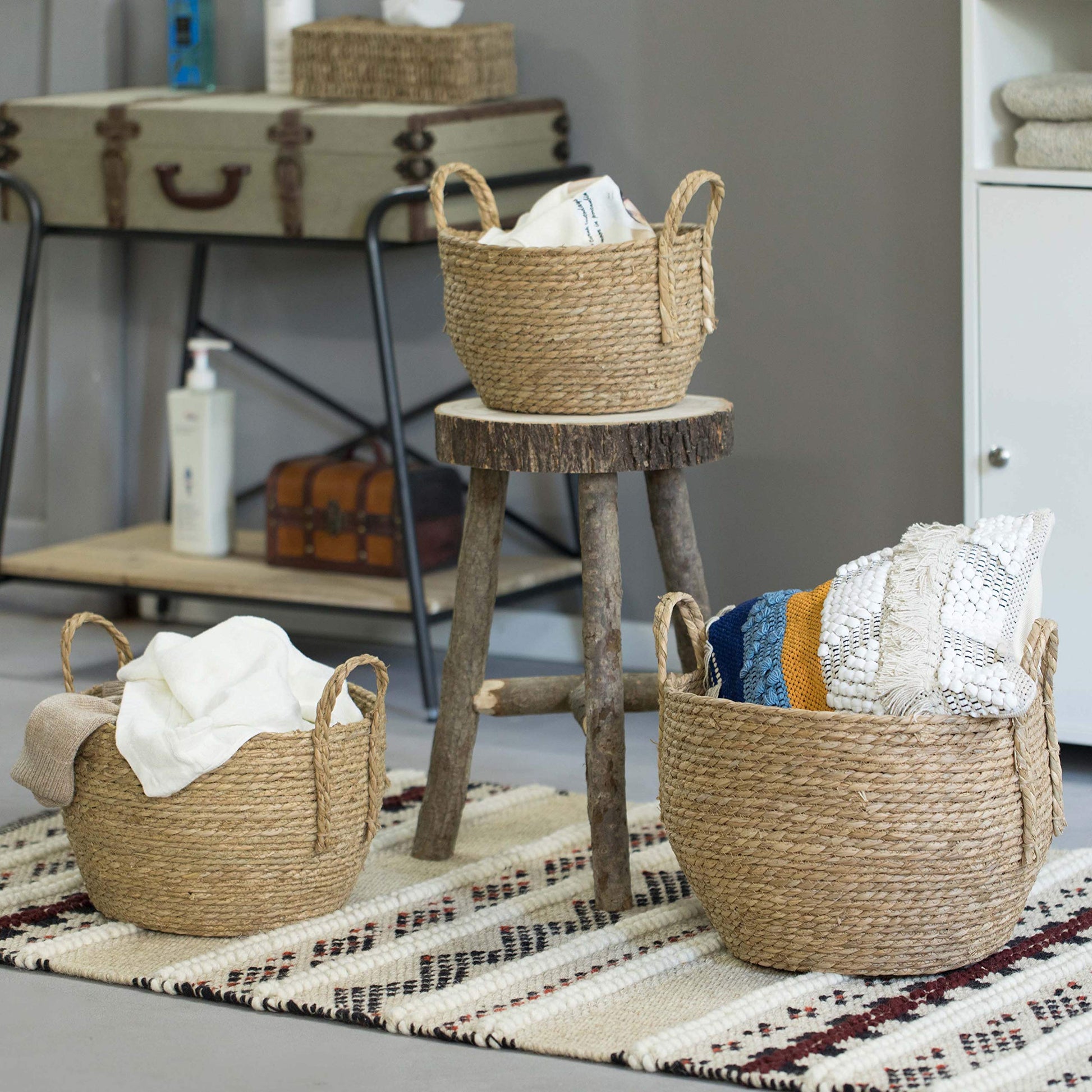 Vintiquewise Decorative Round Wicker Woven Rope Storage Blanket Basket with Braided Handles - Set