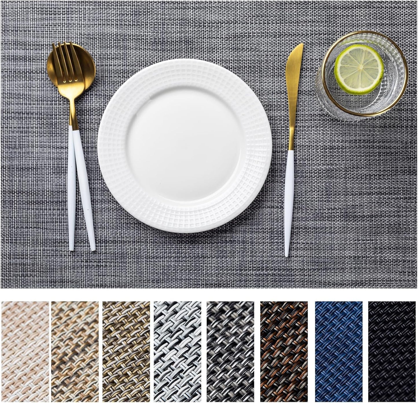 LEXMORE Placemats Set of 4 Vinyl/Plastic Woven Place Mats for Kitchen Table Indoor/Outdoor Washable Placemat Wipeable Dining Table Mats(A-Dark Gray)