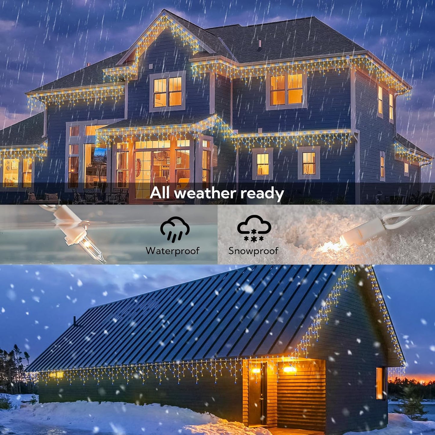 200ct Blue&Clear Mini Icicle Christmas Lights, 23FT White Wire Incandescent Bulb String Lights, Connectable Indoor Outdoor for Eaves, Window, Curtain, Party, Wedding