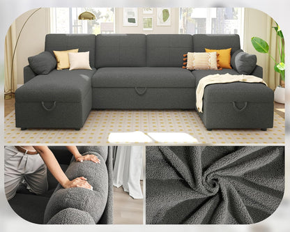 VanAcc Sleeper Sofa, 110 inch Oversize - 2 in 1 Pull Out Bed, Sectional Sleeper Sofa with Double Storage Chaise for Living Room, Grey Boucle Couch