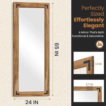 Full Length Mirror with Wooden Frame, 65"X24" Solid Wood Standing Floor Mirror for Farmhouse, Bathroom, Bedroom, Hanging or Leaning Wall-Mounted