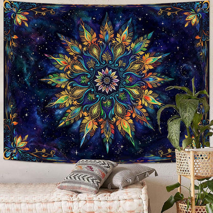 Fowocu Boho Floral Mandala Tapestry for Bedroom Aesthetic Blue Bohemian Colorful Flower Wall Tapestry Purple Hippie Indian Large Tapestries Wall Hanging for Living Room Dorm Decor 80 x 60 Inch