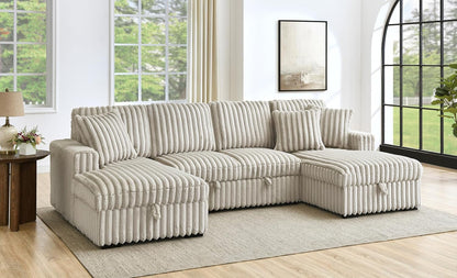 THSUPER Oversized U Shaped Plush Corduroy Fluffy Sectional Sleeper Sofa with Pull Out Bed and Double Storage Chaise for Living Room - Beige