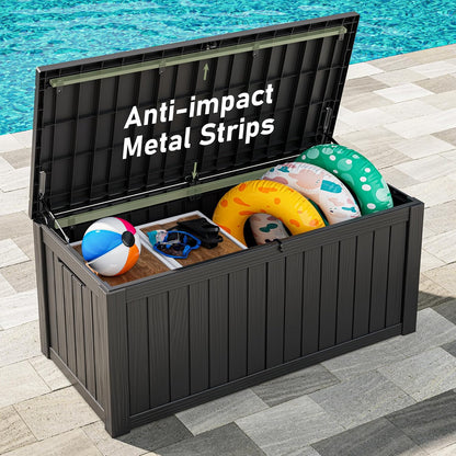 NUNU LAB Outdoor Storage Box,120 Gallon Deck Box,Resin Waterproof Outside Storage Bench,Outdoor Storage Cabinet With Lockable Lid,Backyard Deck Box For Garden Tools,Patio Cushions,Pool Accessories