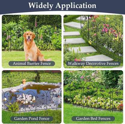 Vintage Decorative Garden Fence 6 Pack, 24in(H) x 10Ft(L), Metal Garden Fencing Panel, Landscape Pathway Edge Iron Picket Fence Panels (Black)