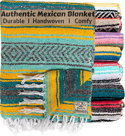 Del Mex Classic Mexican Blanket, Large Authentic Woven Falsa Throw (70"x50"), Artisan Southwest Décor for Beach, Yoga, Outdoors (Teal/Yellow)