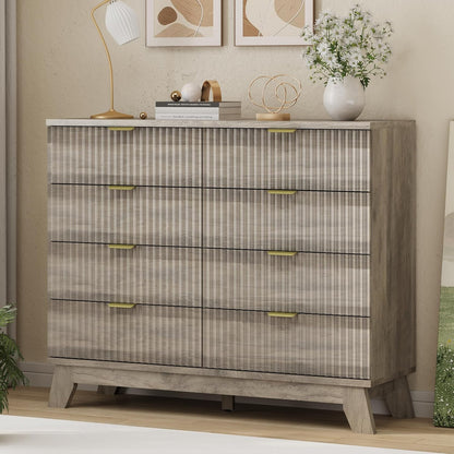 Fluted Dresser for Bedroom with 8 Drawers, 48" Wide Modern Chest of Drawers with Metal Handle, Wooden Dresser TV Stand, Wood Closet Clothes Storage Drawer Organizer for Living Room, Hallway, Grey