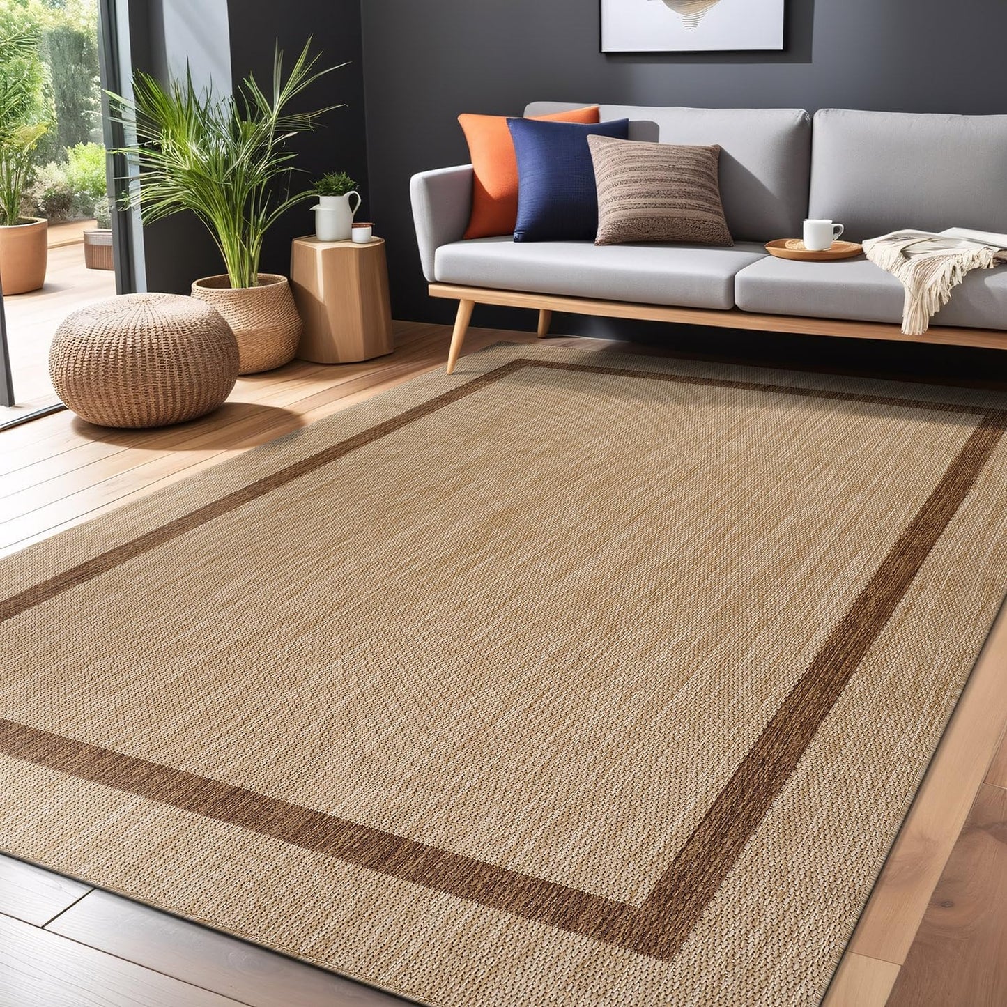 Bordered Outdoor Rug 5x7 Washable Outside Carpet for Indoor Patio Porch Waterproof Easy Cleaning Non Shedding Area Rugs Jute Beige - Nut Brown 5 x 7
