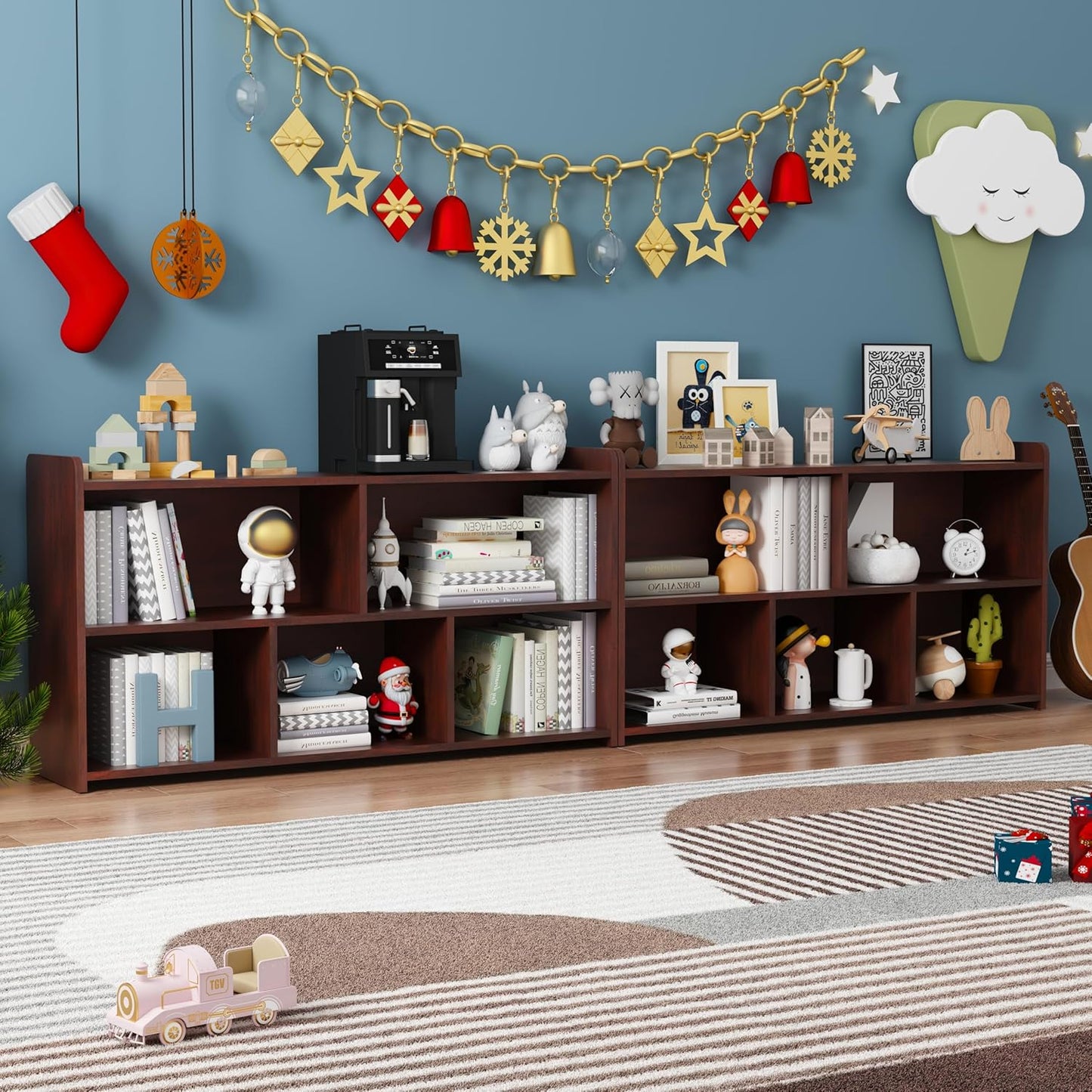 Book Shelf, 5 Cubes Storage Organizer, Open Shelf Wooden Bookcase, Freestanding Cherry Bookshelf Cube Shelf for Bedroom, Living Room, Home Office