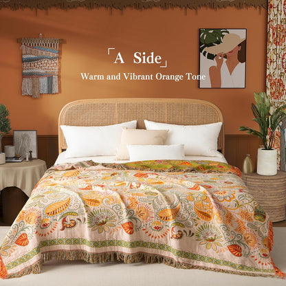 Boho Throw Blanket Twin Size, Soft Cozy Cotton Muslin Quilt Blanket for Bed Decor, Floral Patterned Couch Sofa Chair Cover, Vintage Farmhouse Cottage Tapestry Woven Blanket, Coral&Green