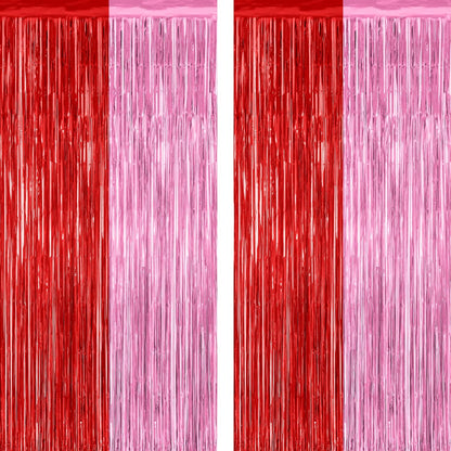 2 Pack Backdrop Curtains, 3.28 Feet x 7.05 Feet Red Pink Backdrop, Metallic Fringe Curtains Tinsel Backdrop Party Streamer, Babie Backdrop Happy Birthday Party Supplies Decorations