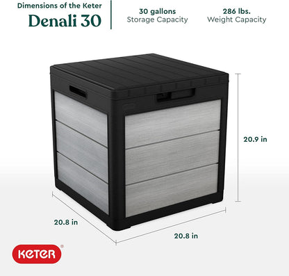 Keter Denali 30 Gallon Resin Outdoor Storage Box and Patio Furniture Side Table for Pool and Garden Accessories, Grey & Black