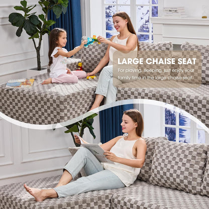 Hobestluk 96” Modular Sectional Sofa Couches L-Shape Couch 3 Seat Modular Sofa Memory Foam Sectional Couches for Living Room, Cloud Couch with Oversized Chaise (Grey, Checked (Left Facing Chaise))