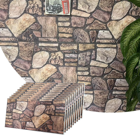 Dundee Deco 3D Wall Panels - Cladding, Mahogany Brown Stone Look Wall Paneling, Styrofoam Facing for Interior and Exterior Applications, DIY, Set of 10, Covers 54 sq ft