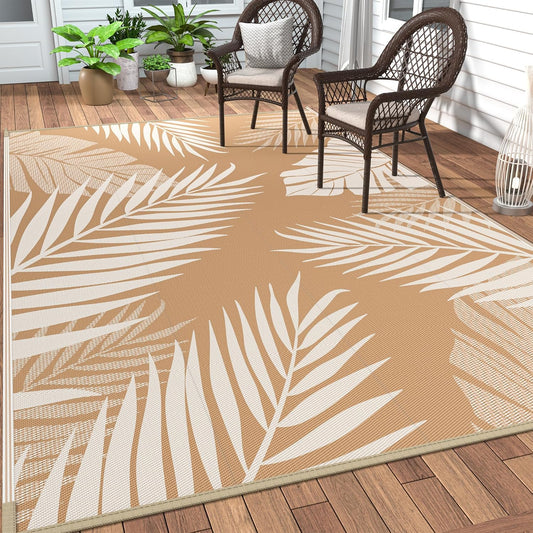 GENIMO Outdoor Rug 6' x 9' Waterproof for Patios Clearance, Reversible Outdoor Plastic Straw Camping Rug Carpet, Large Area Rugs Mats for RV, Camper, Deck, Balcony, Porch, Beach, Picnic, Brown&Beige