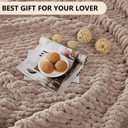 L'AGRATY Chunky Knit Blanket Throw: 60''x80'' Chenille Chunky Knitted Throw Blanket for Bed Couch - Handmade Thick Big Cable Knit Blanket - Large Crochet Rope Blanket for Home Decor(Light Taupe)