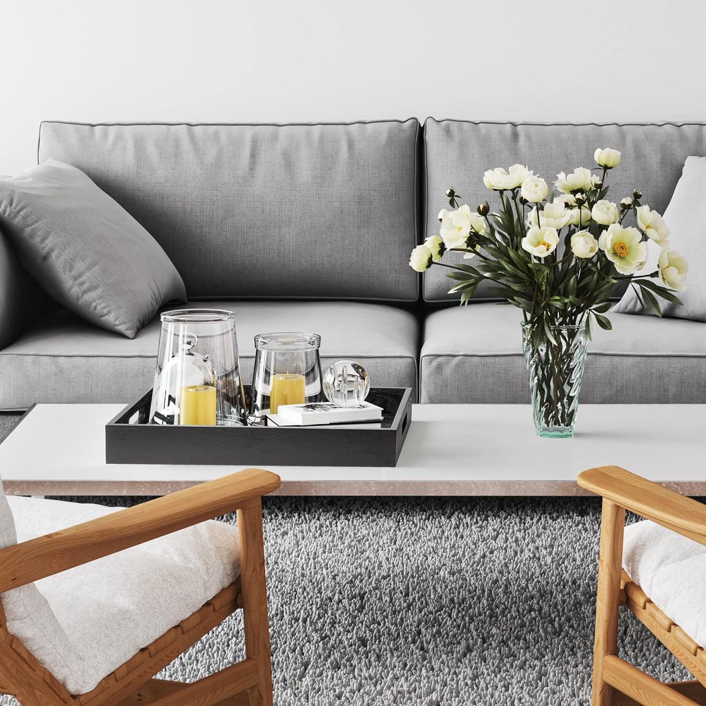 Wood Serving Tray with Handles, Home Decorative Wooden Rectangle Ottoman Decor Platter Vanity Tray for Breakfast Dinner Drinks Kitchen Dining Living Bathroom Restaurants Black