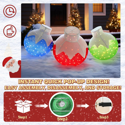 36 Inch Pop-Up Christmas Ball with 90 LED Lights for Outdoor Xmas Decor, 3-Piece Pre-Lit Iridescent Christmas Ball Ornaments Decor with Base, Outdoor 3D Glittered Standing Holiday Display
