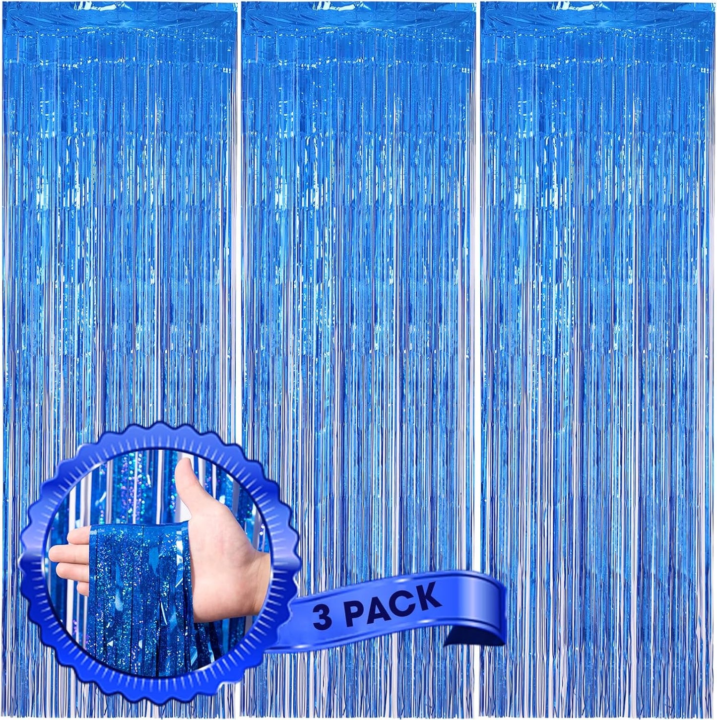 3 Pack 3.3 x 8.2 ft Laser Blue Foil Fringe Backdrop Curtains, Tinsel Streamers Birthday Party Decorations, Fringe Backdrop for Graduation, Baby Shower, Gender Reveal, Disco Party