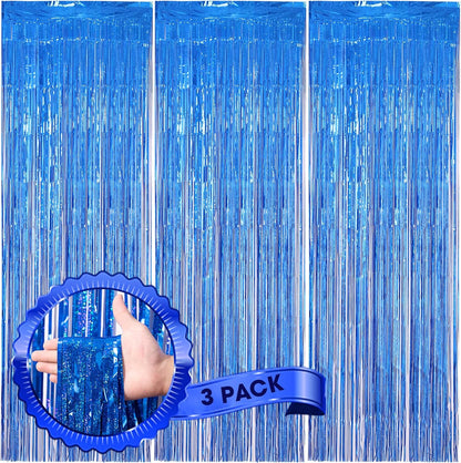 3 Pack 3.3 x 8.2 ft Laser Blue Foil Fringe Backdrop Curtains, Tinsel Streamers Birthday Party Decorations, Fringe Backdrop for Graduation, Baby Shower, Gender Reveal, Disco Party