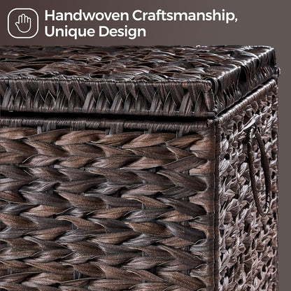 Handwoven Storage Basket with Lid, 165L Plastic Rattan Storage Bin, Leather Buckle & Metal Frame, Large Metal Ring Handles, Storage Trunk for Bedroom, Laundry Room