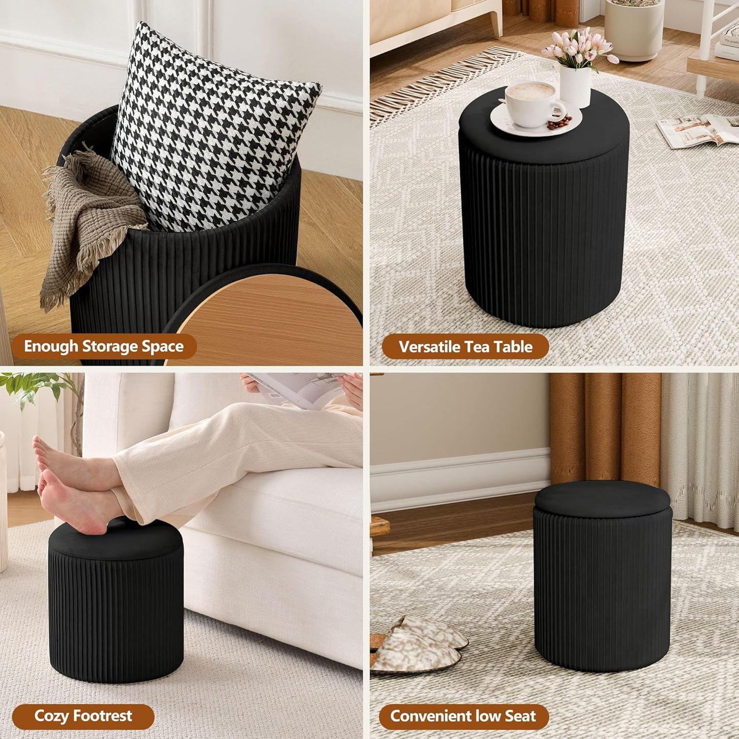 Ottoman with Storage Set of 2, Velvet Storage Ottoman, Upholstered Sponge Vanity Stool Support 300lbs, Multifunctional Coffee Table Foot Rest Ottomans for Living Room Bedroom, White