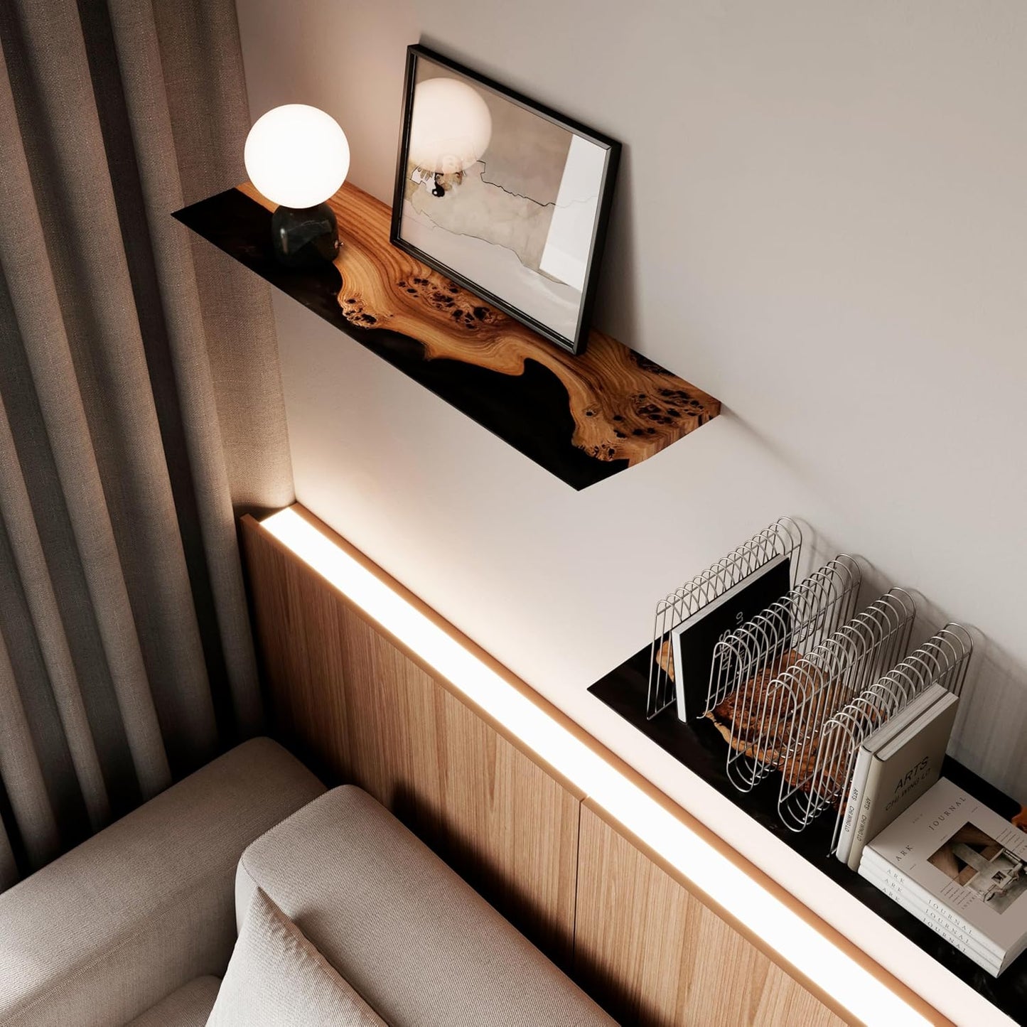 RWA Unique Live Edge Floating Shelf for Wall - Stylish Hanging Shelves for Room Wall Bedroom Bathroom Office Decor, Epoxy and Wood Wall Shelf Plank - Elegant Wall Mounted Shelves (black, 16x6")