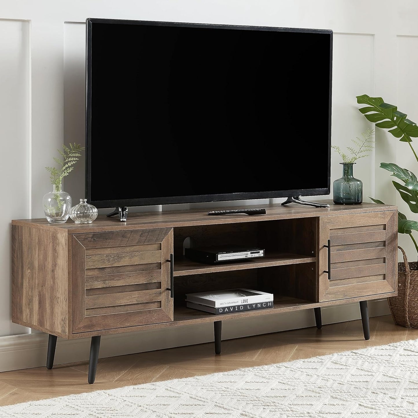 Mid Century Wooden TV Stand Entertainment Console with Open Shelving and 2 Cabinets for Televisions up to 65 Inches(Rustic Oak)